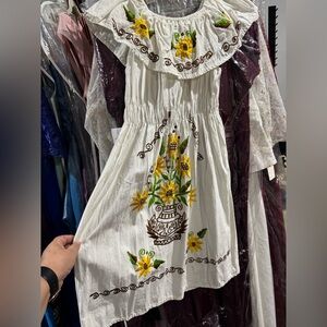 Floral Embroidered Kids Dress - White and Yellow